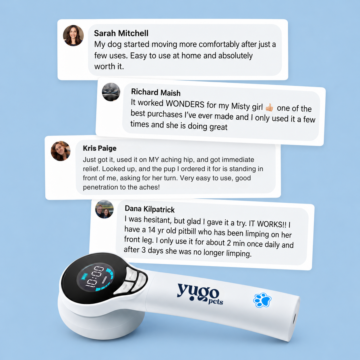 Yugo pet product with customer reviews on a blue background