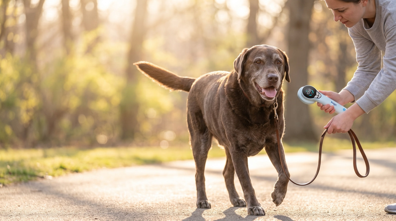 Golden Retriever limping slightly on a morning walk while still carrying a ball, early sign of arthritis in dogs