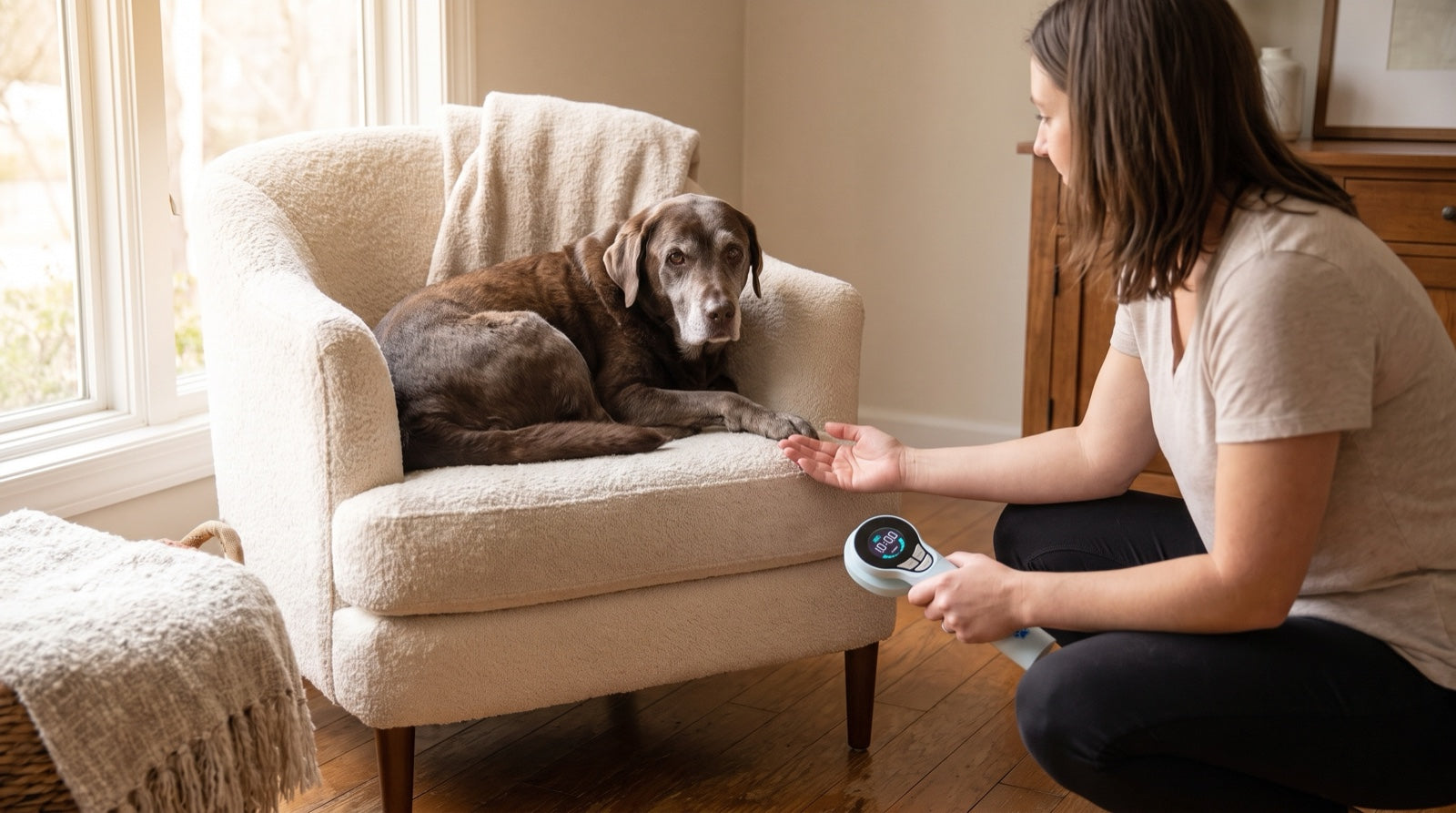 Senior Labrador resting on her bed with a watchful expression, a grumpy senior dog whose behavior change signals hidden arthritis pain