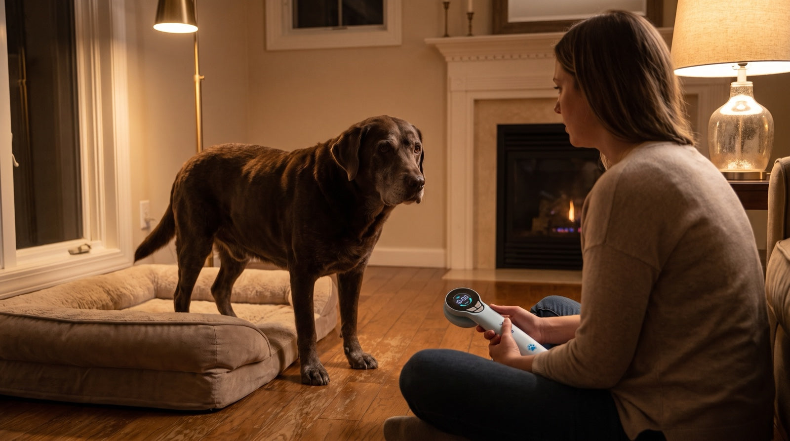Senior dog pacing a dim hallway at night, panting and restless, unable to settle into sleep
