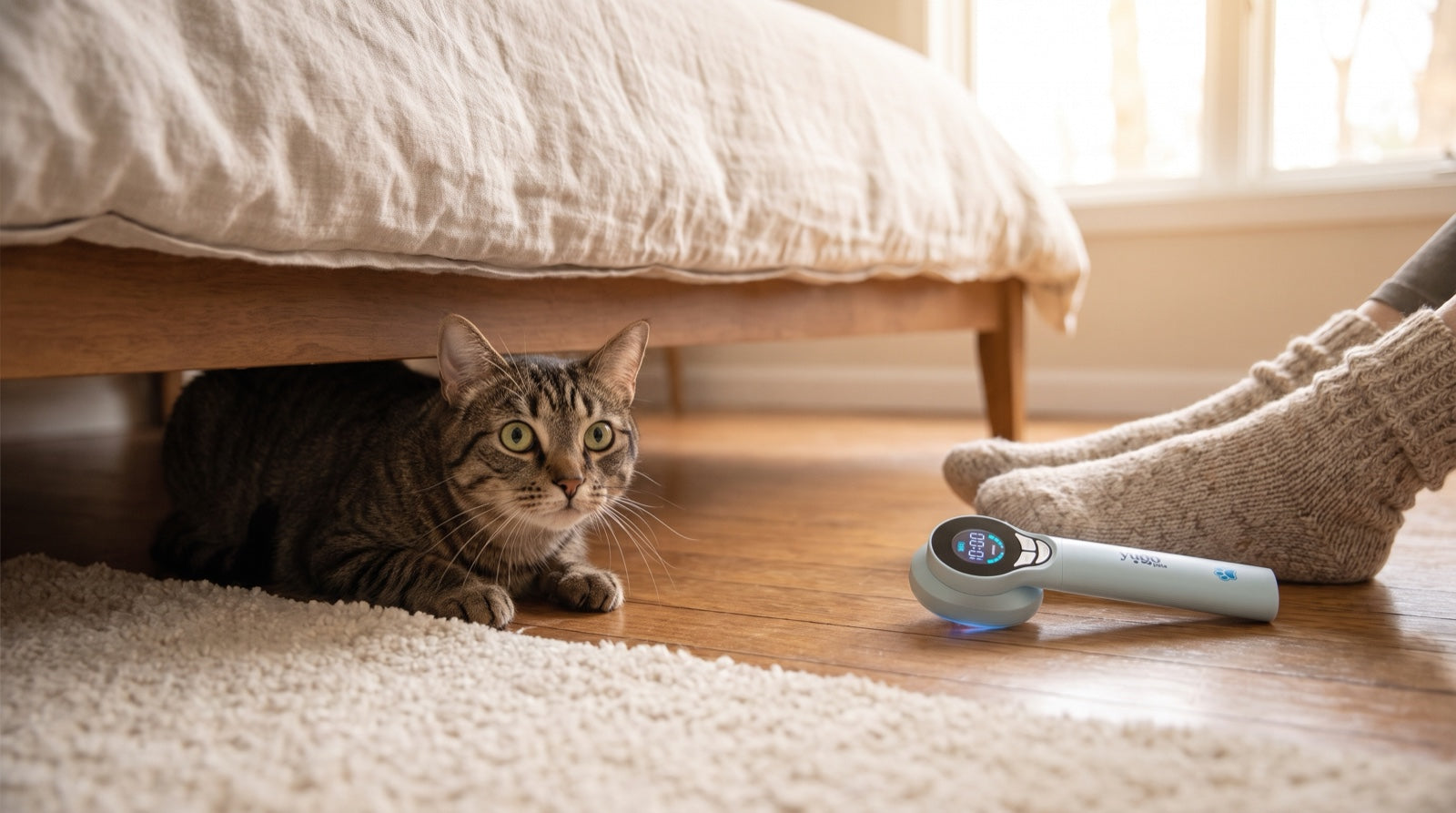 Tabby cat hiding under a bed in soft light, a subtle sign of feline arthritis pain