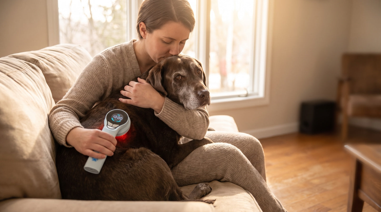 Pet parent sitting on the floor beside an aging dog, hand resting gently on its back, coping with guilt about a pet in pain