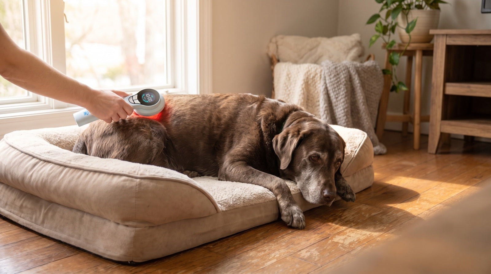 Owner gently comforting a senior dog resting on an orthopedic bed at home, easing its joint pain