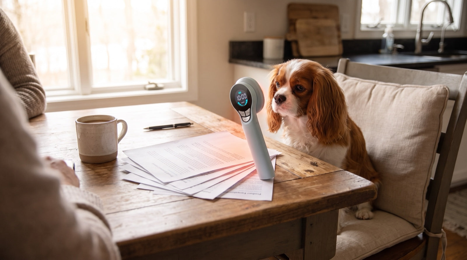 Owner checking published device-type wording during a HelioPet vs B-Cure Laser comparison at a kitchen table