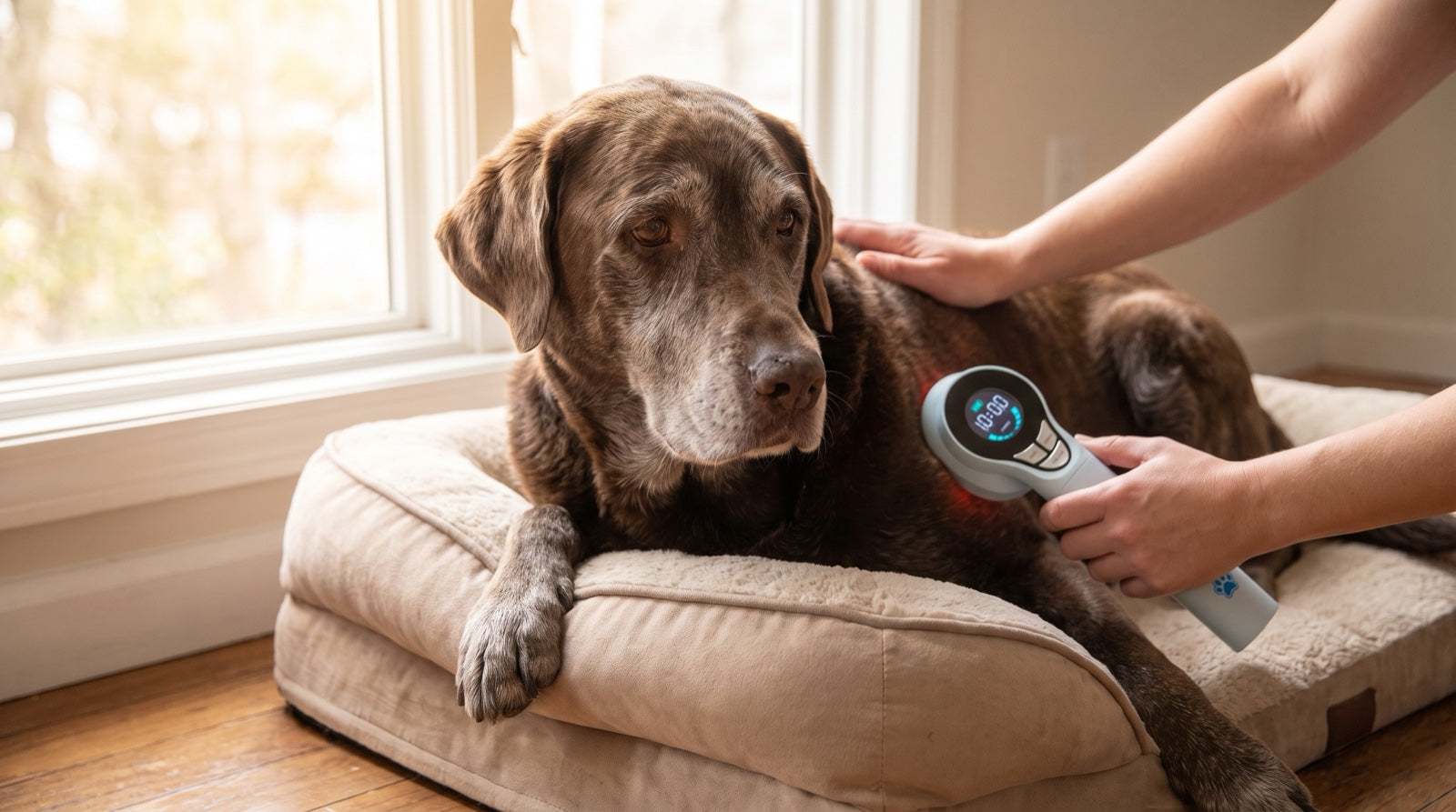 Gray-muzzled senior Golden Retriever rising slowly from a living room rug, one of the subtle signs of pain in older dogs