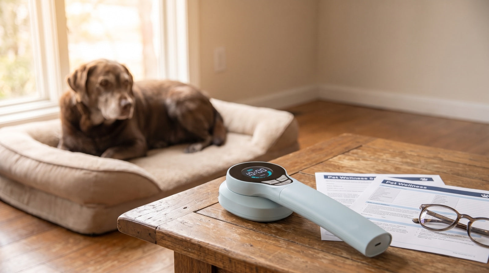 Pet parent reading the FDA 510(k) clearance record for a red light therapy device while a dog rests nearby