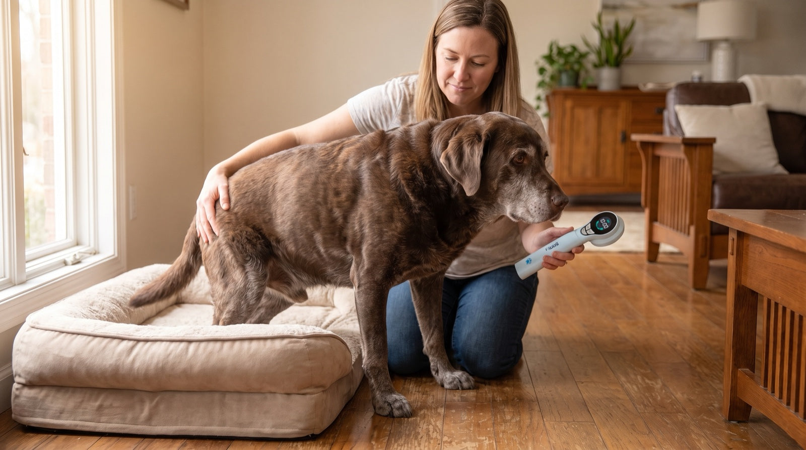 Senior Labrador pushing up from the floor with front legs while her owner supports her hindquarters, a dog struggling to get up from lying down