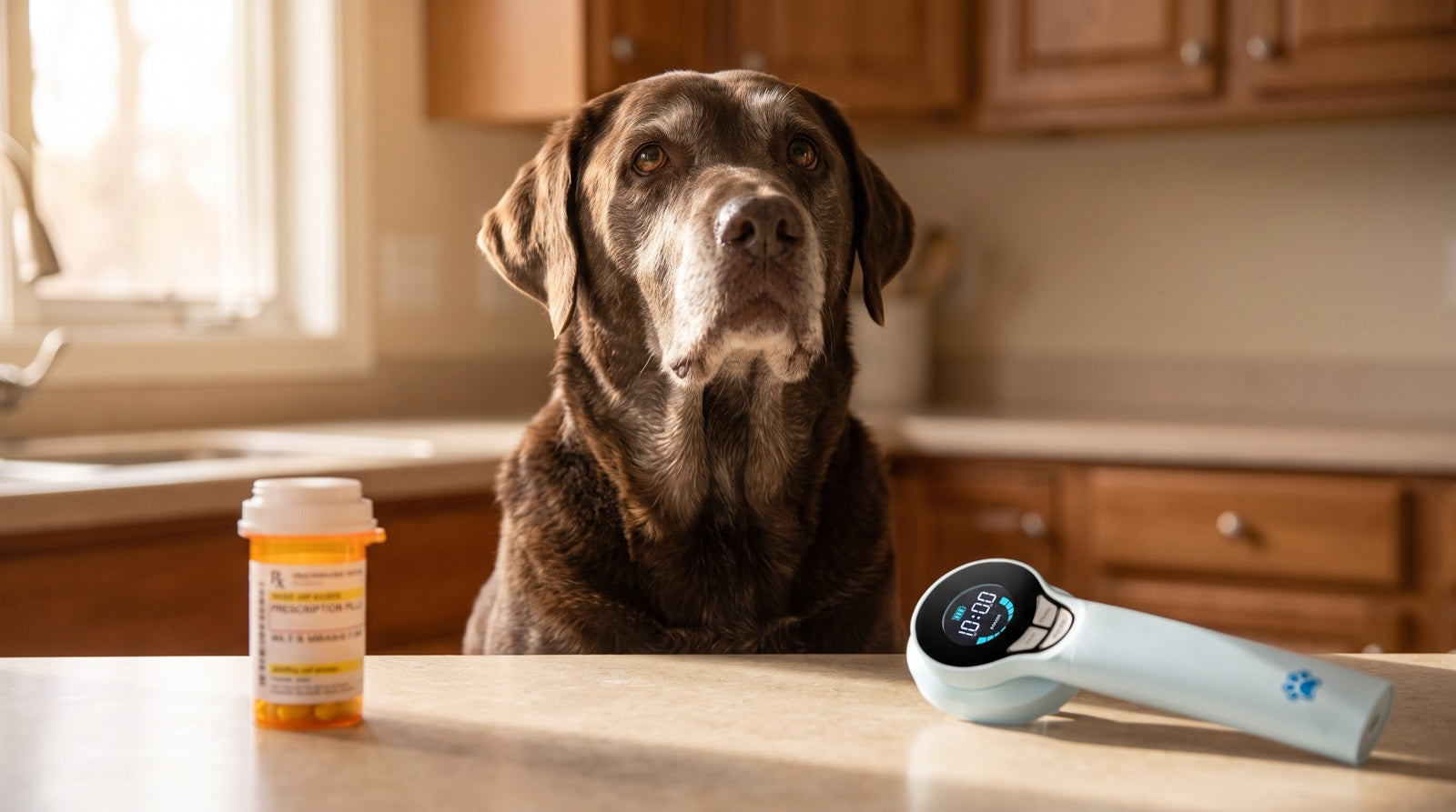 Arthritic senior Beagle beside a pill bottle and a handheld red light therapy device, comparing NSAIDs and light therapy for dogs