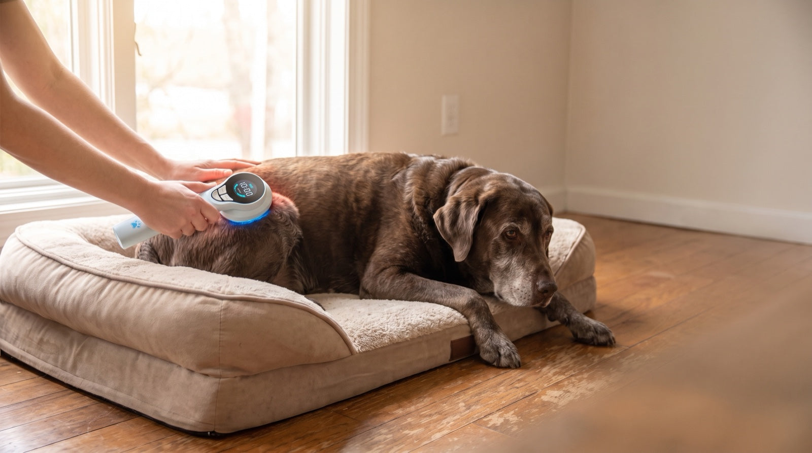 Pet parent holding a handheld red light therapy device over a relaxed Labrador's hip during an at-home treatment session