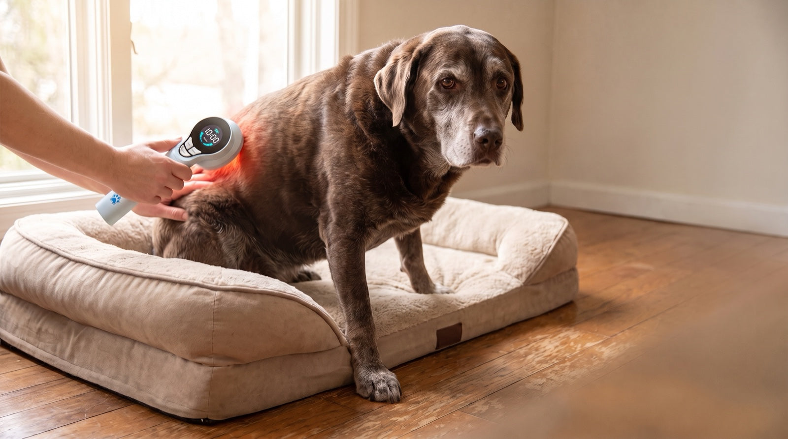 Golden Retriever receiving at-home red light therapy on the couch with the Yugo device, compared with vet clinic laser sessions