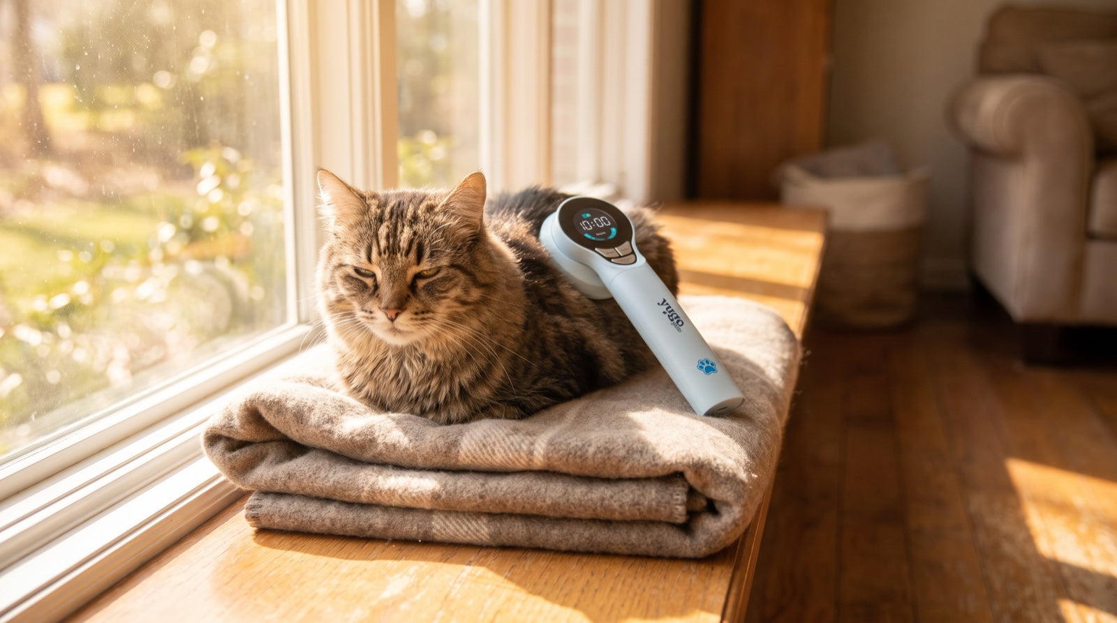 Senior tabby cat hesitating before jumping onto a windowsill, a subtle sign of arthritis in cats