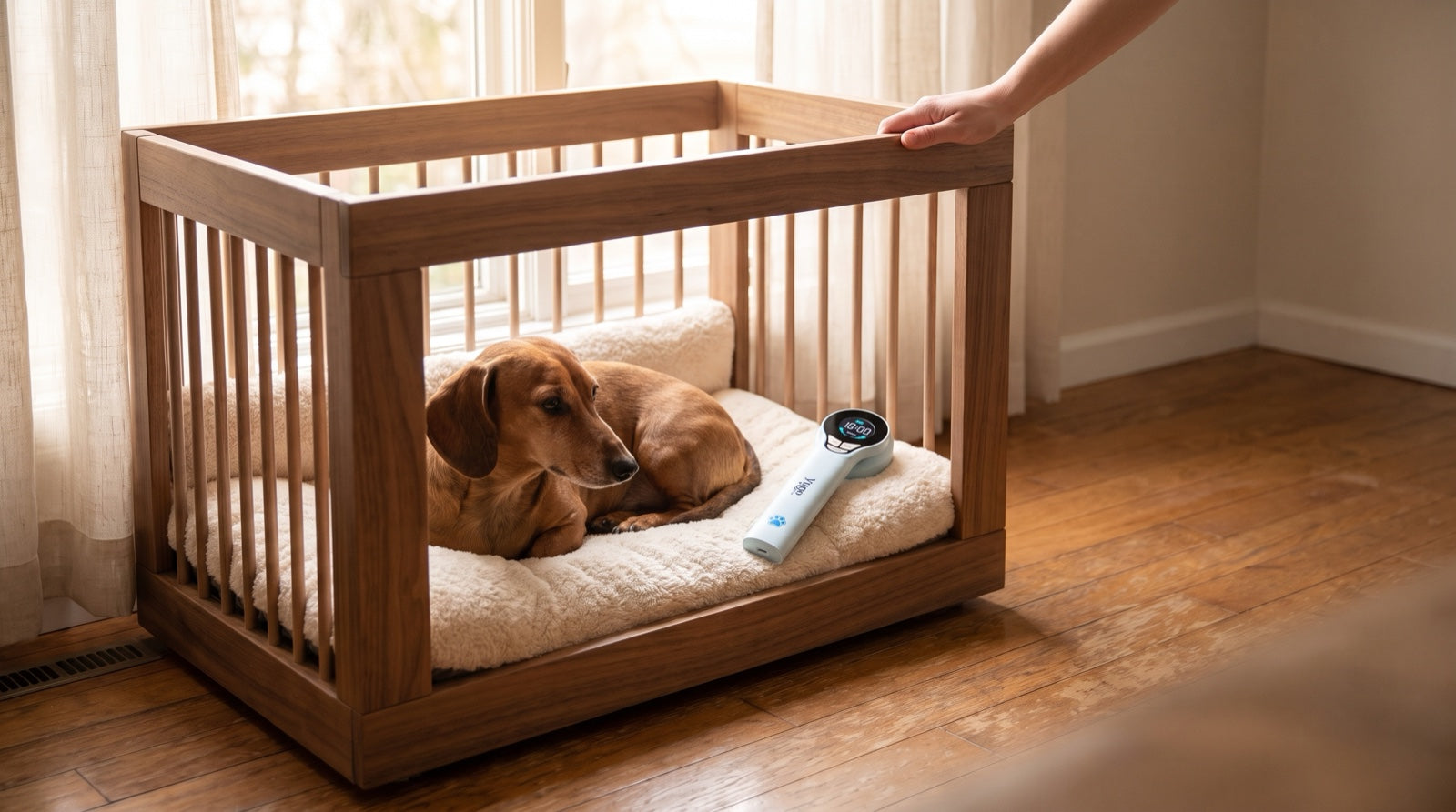 Dachshund with IVDD resting on an orthopedic pad inside a recovery crate during at-home conservative treatment