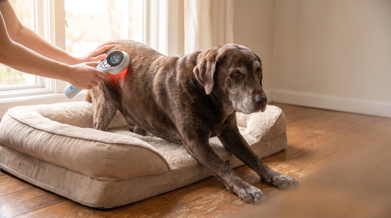 Senior Labrador slowly rising from an orthopedic bed on a non-slip rug, a common sign of joint stiffness in older dogs