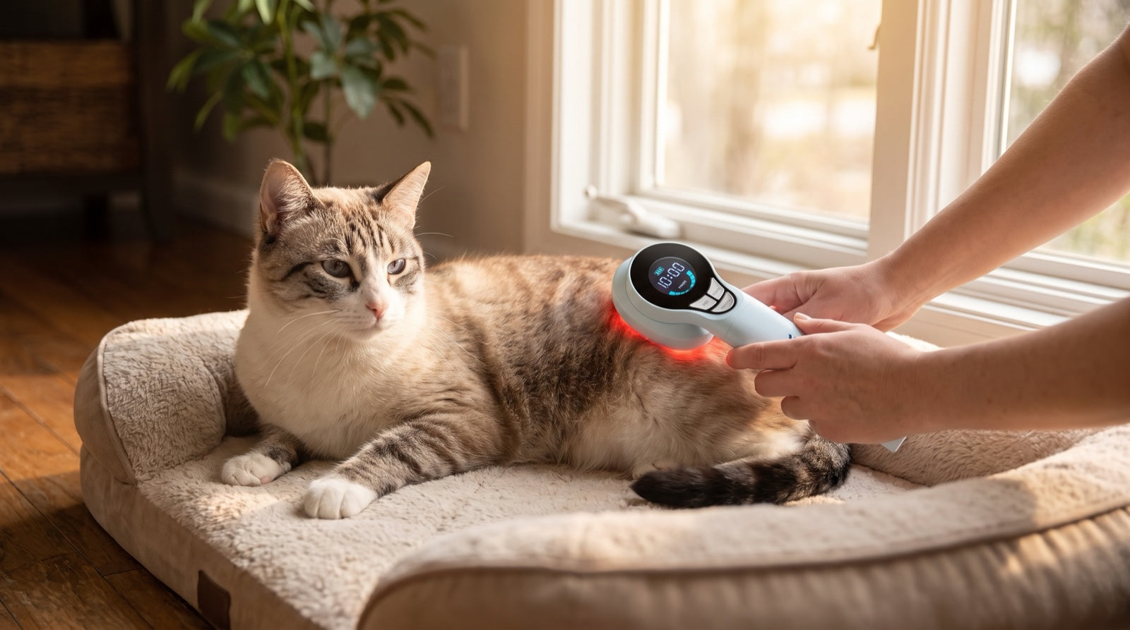 Relaxed senior cat curled on a blanket receiving at-home red light therapy for arthritis during an afternoon nap
