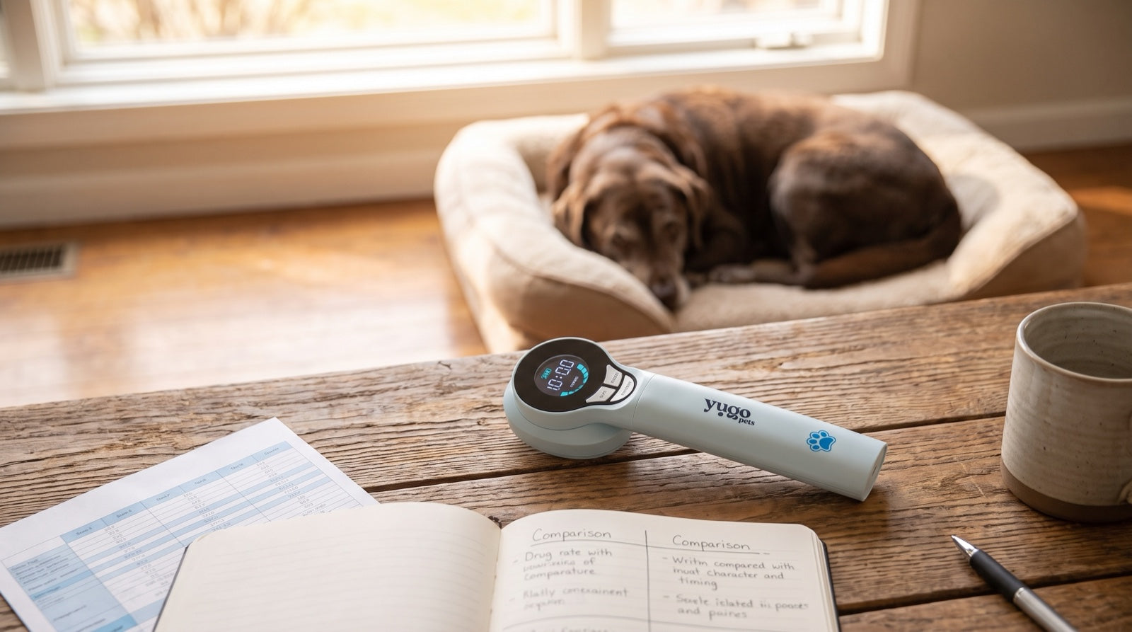 Pet parent comparing handheld red light therapy devices for dogs and cats at a kitchen table, checking wavelength specifications