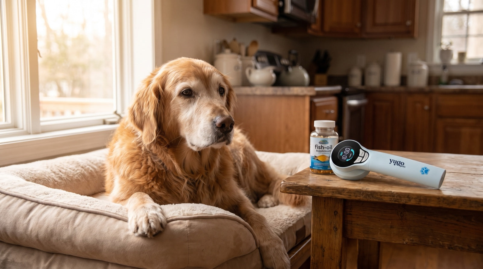 Gray-muzzled senior dog resting on an orthopedic bed while receiving natural drug-free pain relief at home