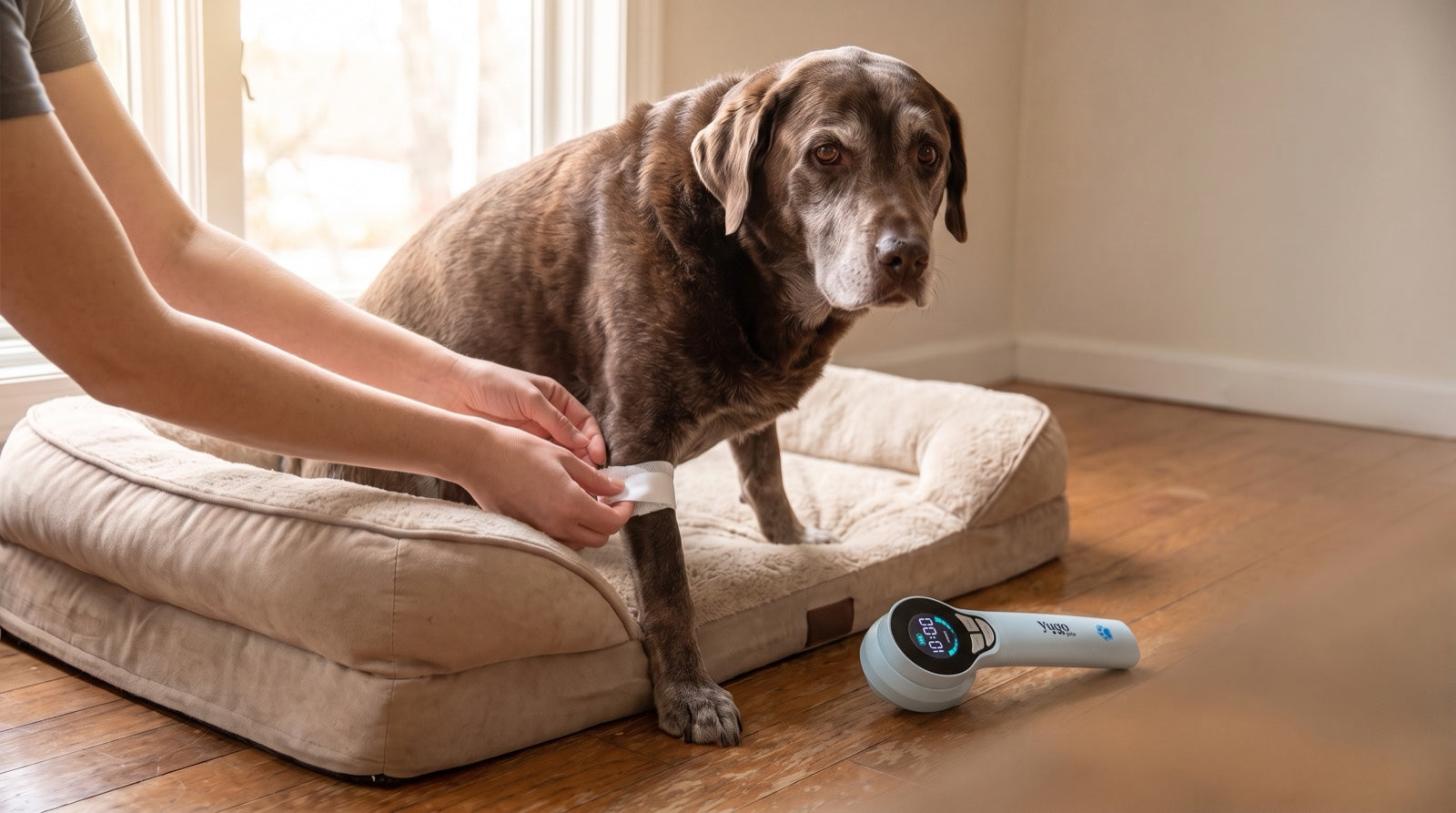 Dog resting calmly while a pet parent applies red light therapy around a healing wound margin at home