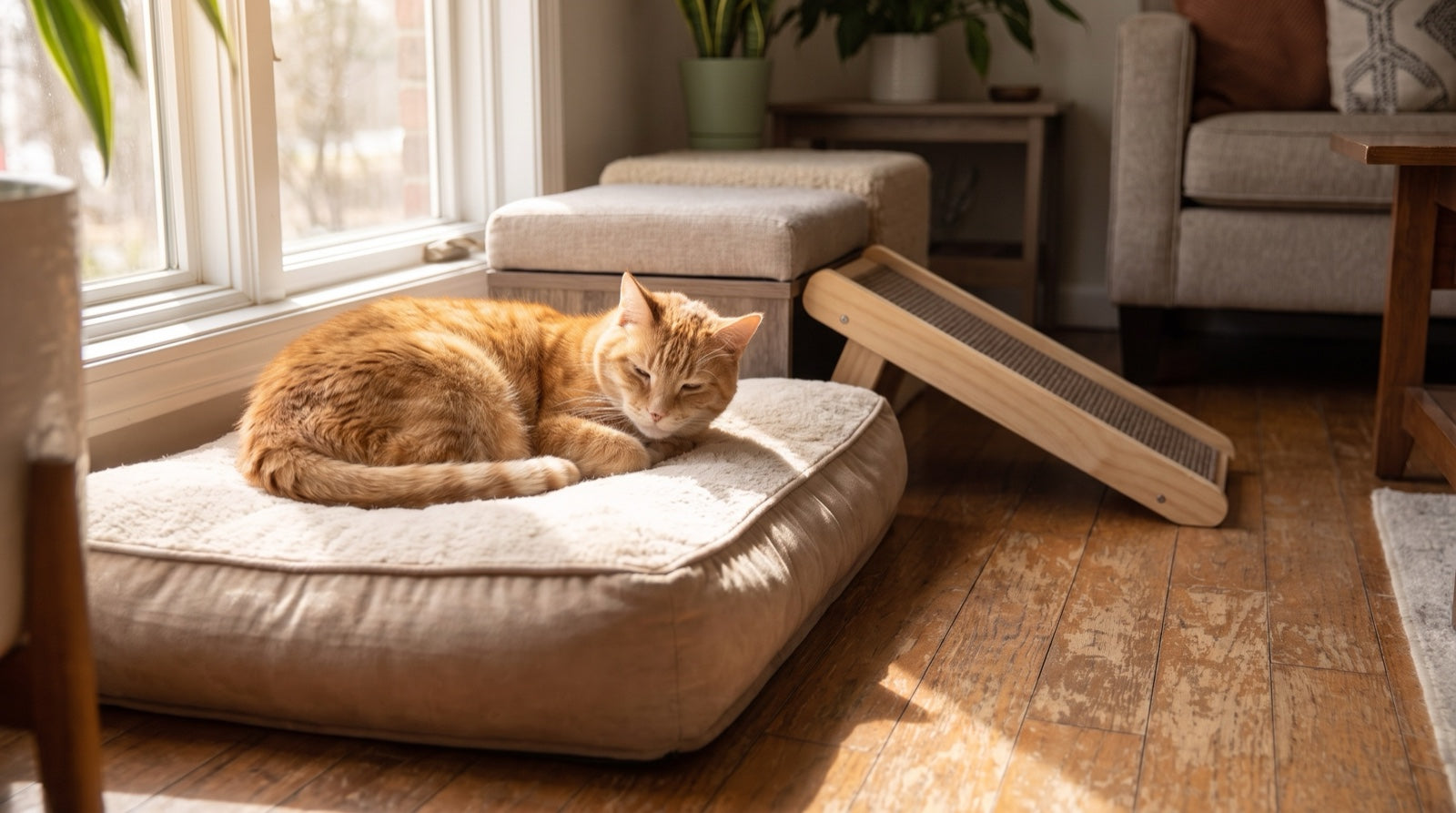Senior cat resting on a warm padded bed by a sunny window, part of cat pain relief without medication at home