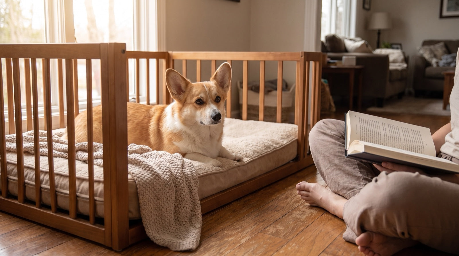 Long-bodied dog resting in a cushioned recovery pen at home while a pet parent reads about red light therapy for dog IVDD