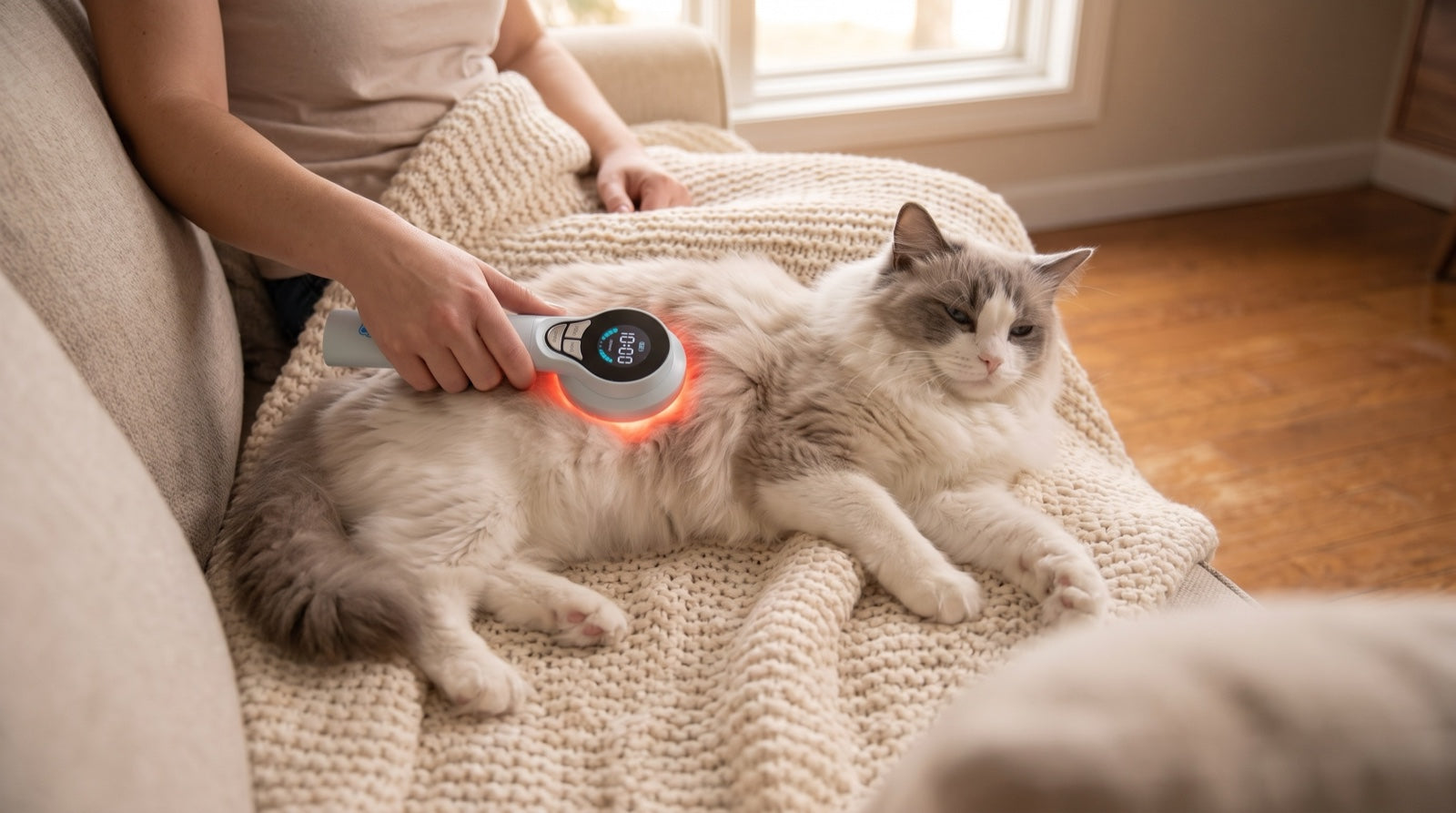 Calm cat accepting a session with the best laser therapy device for cats at home on a soft blanket