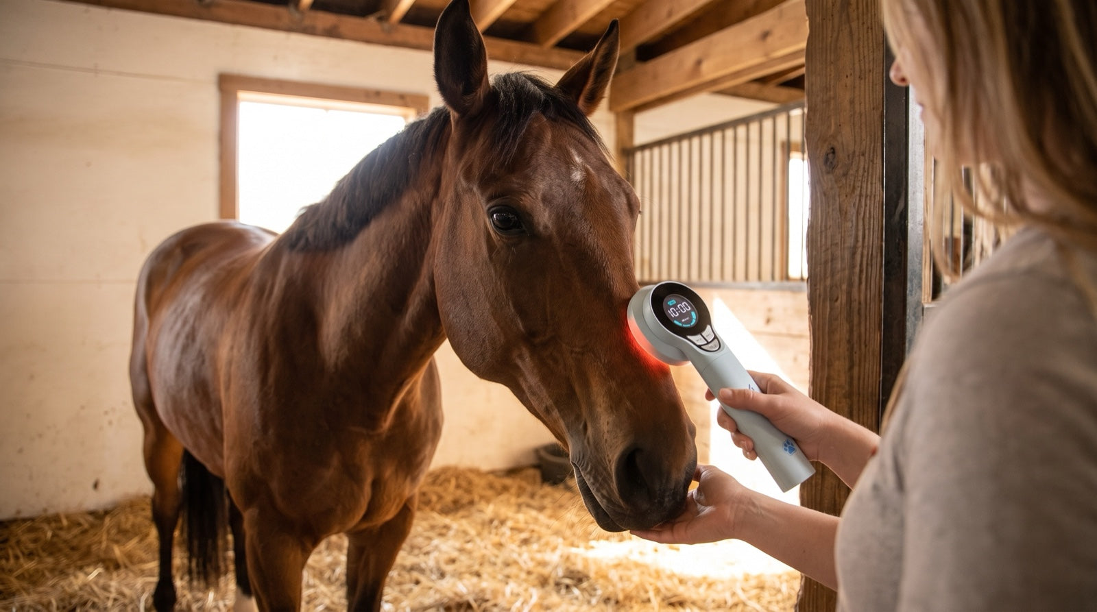 Horse owner holding a handheld unit from a best laser therapy device for horses comparison beside a calm horse in a stable