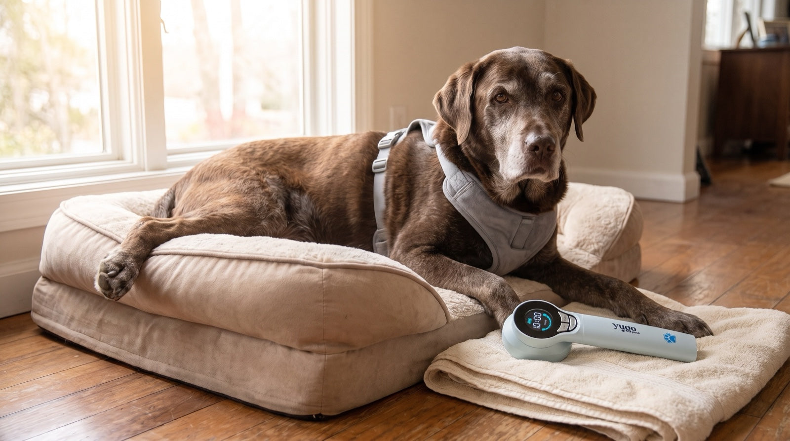 Dog in a recovery harness resting beside a device chosen as the best laser therapy for dog ACL recovery