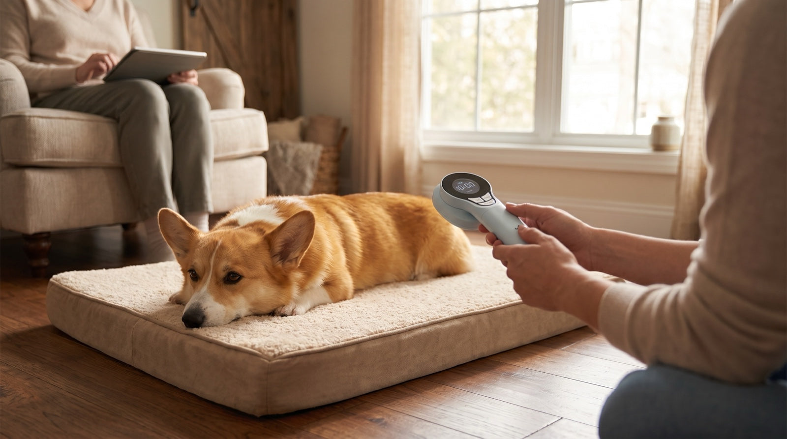 Calm dog lying on a supportive mat while a pet parent researches the best laser therapy for dog back pain