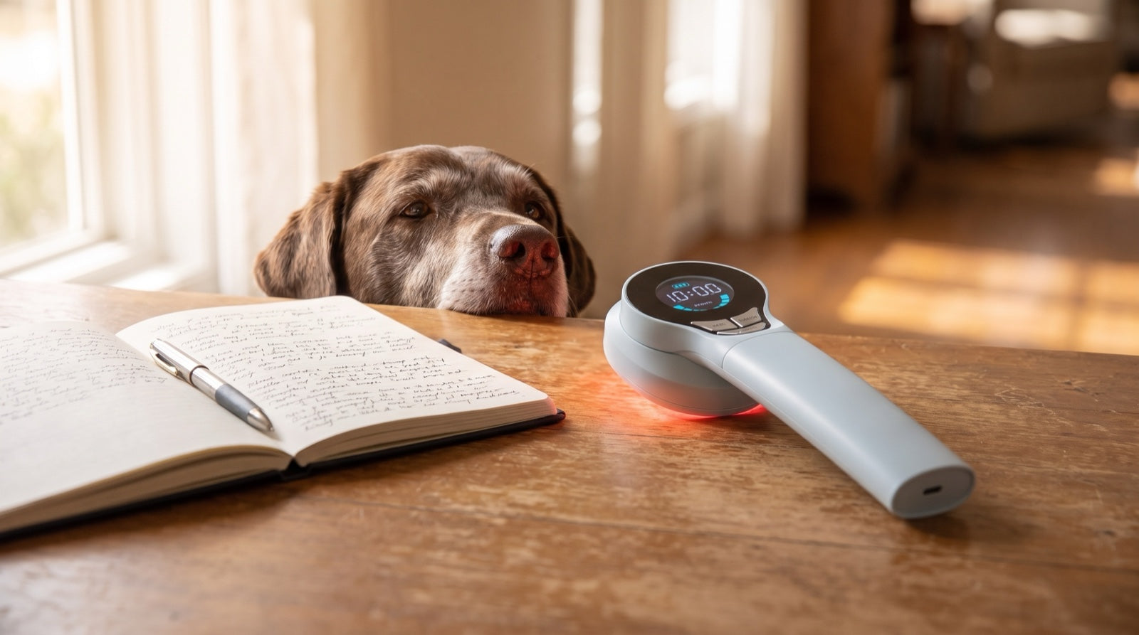 Notebook and handheld device on a table during a best pet laser therapy device comparison session