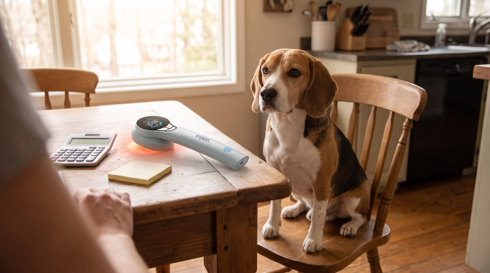 Price notes beside a handheld unit while comparing the best pet laser therapy device under $500
