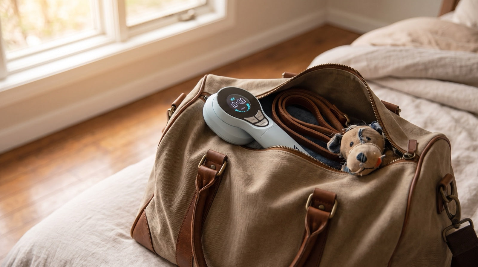 Compact unit from a best portable laser therapy device for pets comparison packed beside a travel bag and leash