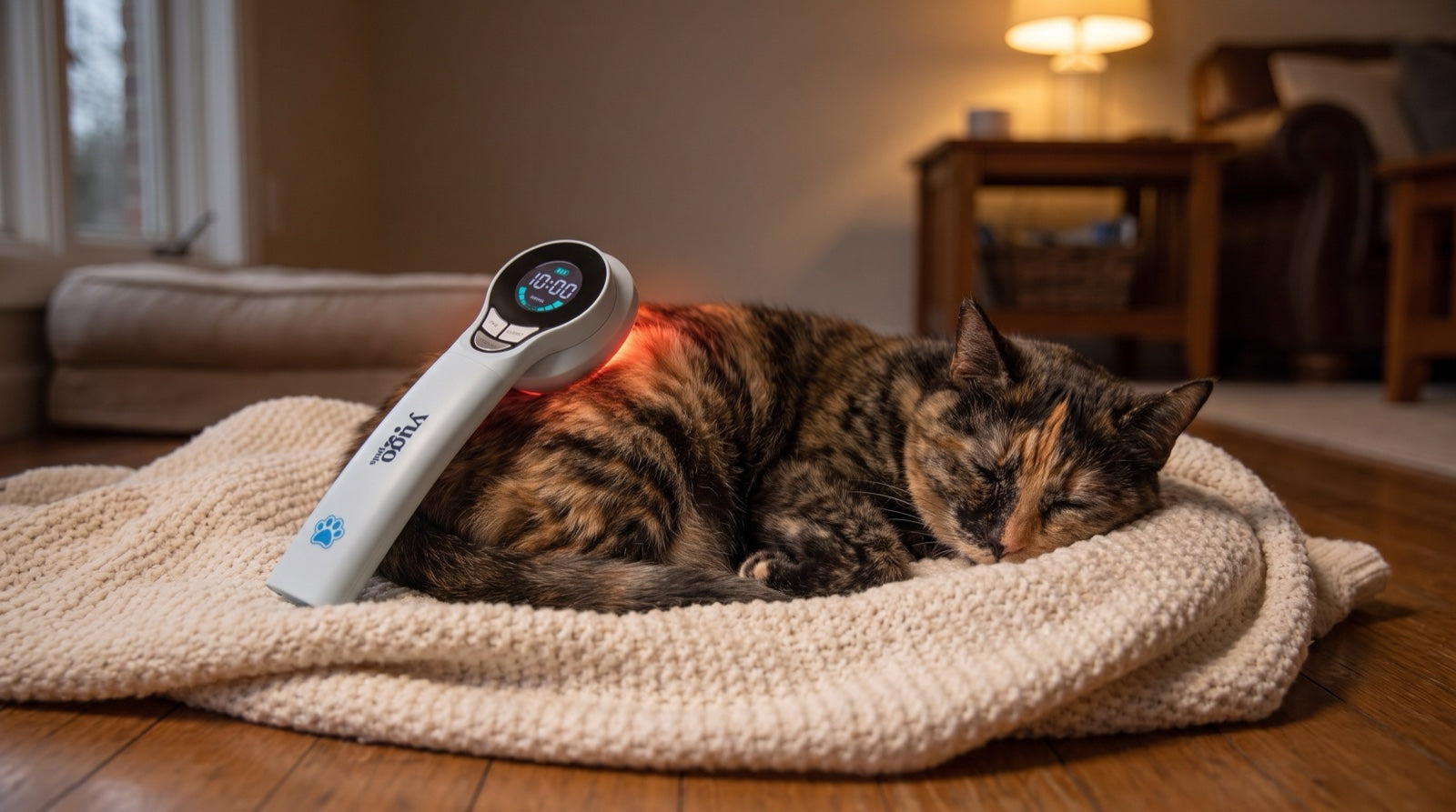 Content senior cat dozing beside a softly glowing unit from a best red light therapy device for cats comparison