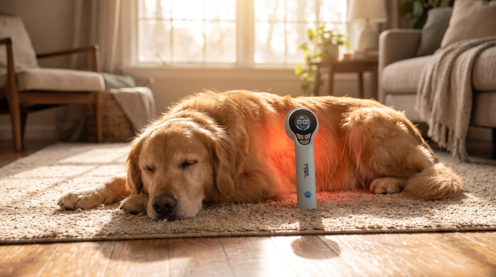 Golden retriever relaxing beside a handheld unit from a best red light therapy device for dogs comparison