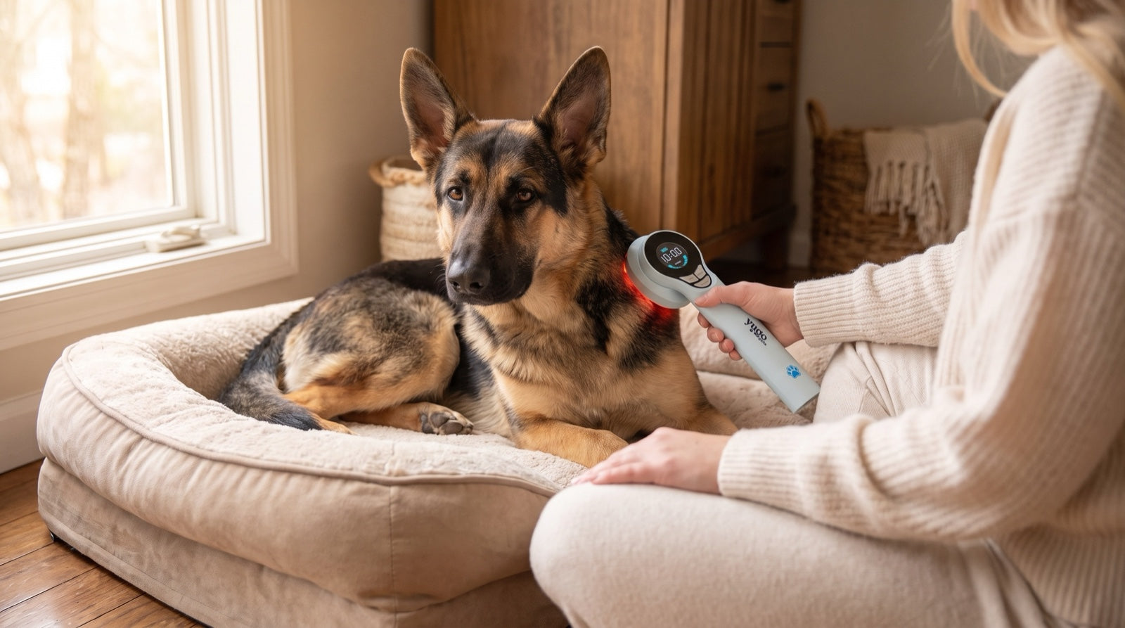 Young shepherd resting hips-square on an orthopedic bed during a plan using the best red light therapy for dog hip dysplasia