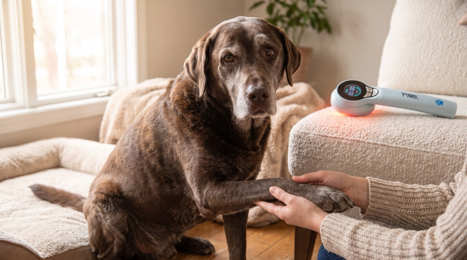 Pet parent gently supporting a stiff foreleg while researching the best red light therapy for dog joint pain