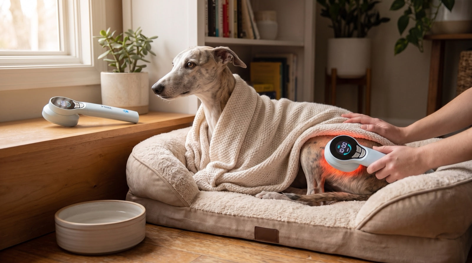 Convalescing dog resting in a quiet corner with supplies from a best red light therapy for dog recovery setup nearby