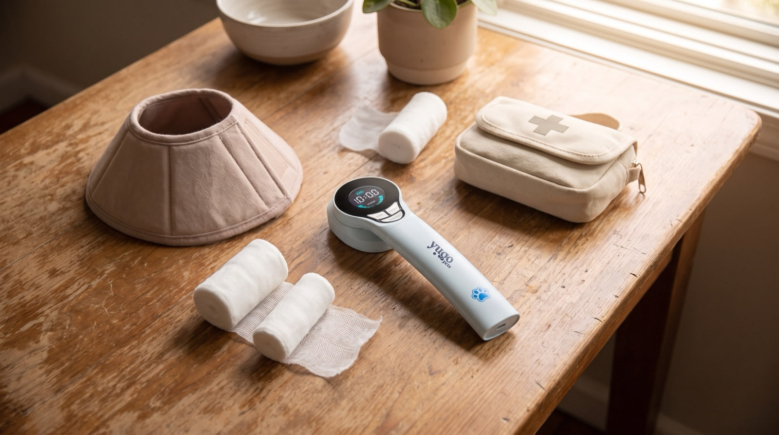 Supplies and a handheld unit arranged for a vet-directed plan using the best red light therapy for dog wounds