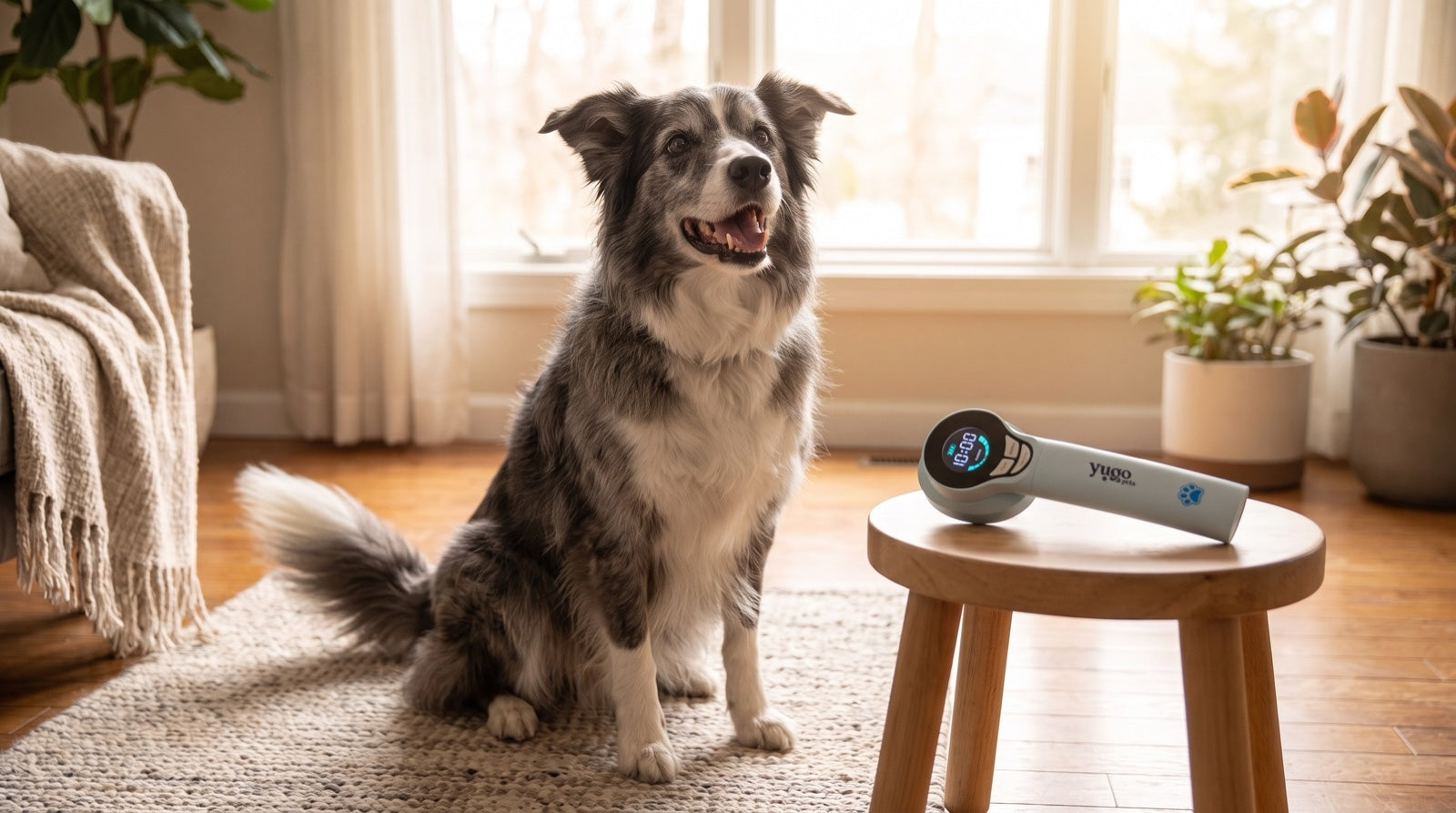 Happy senior dog beside the shortlisted winner of a best red light therapy for dogs comparison