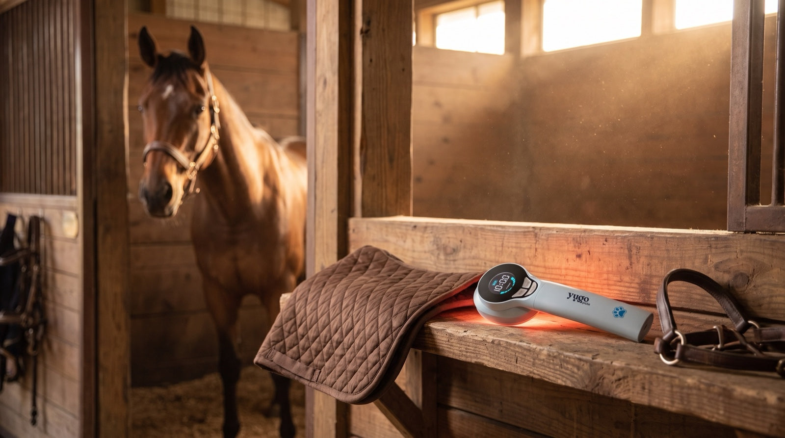 Groom running a quiet evening barn check beside gear for the best red light therapy for horses routine