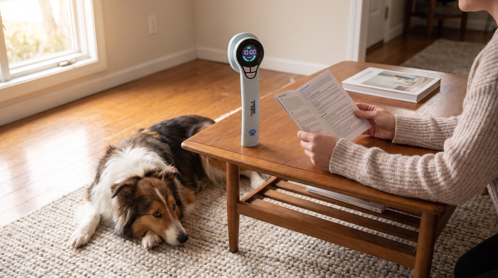 Owner reading device safety documentation before starting red light therapy for dogs at home in a bright living room