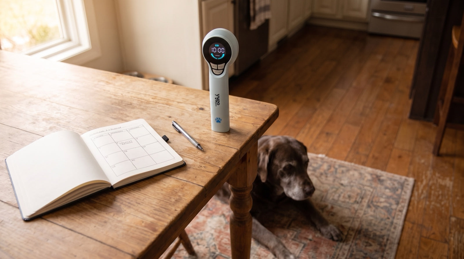 Notebook of side-by-side specifications for a B-Cure Laser Vet vs My Pet Laser home comparison beside a resting dog