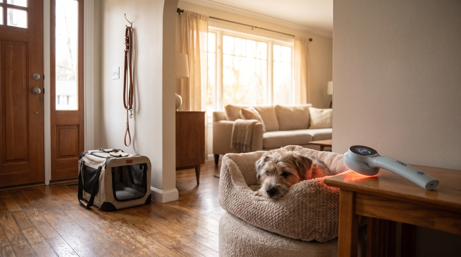 Split scene of a clinic visit and a living-room session while comparing cold laser therapy for dogs at home vs vet care