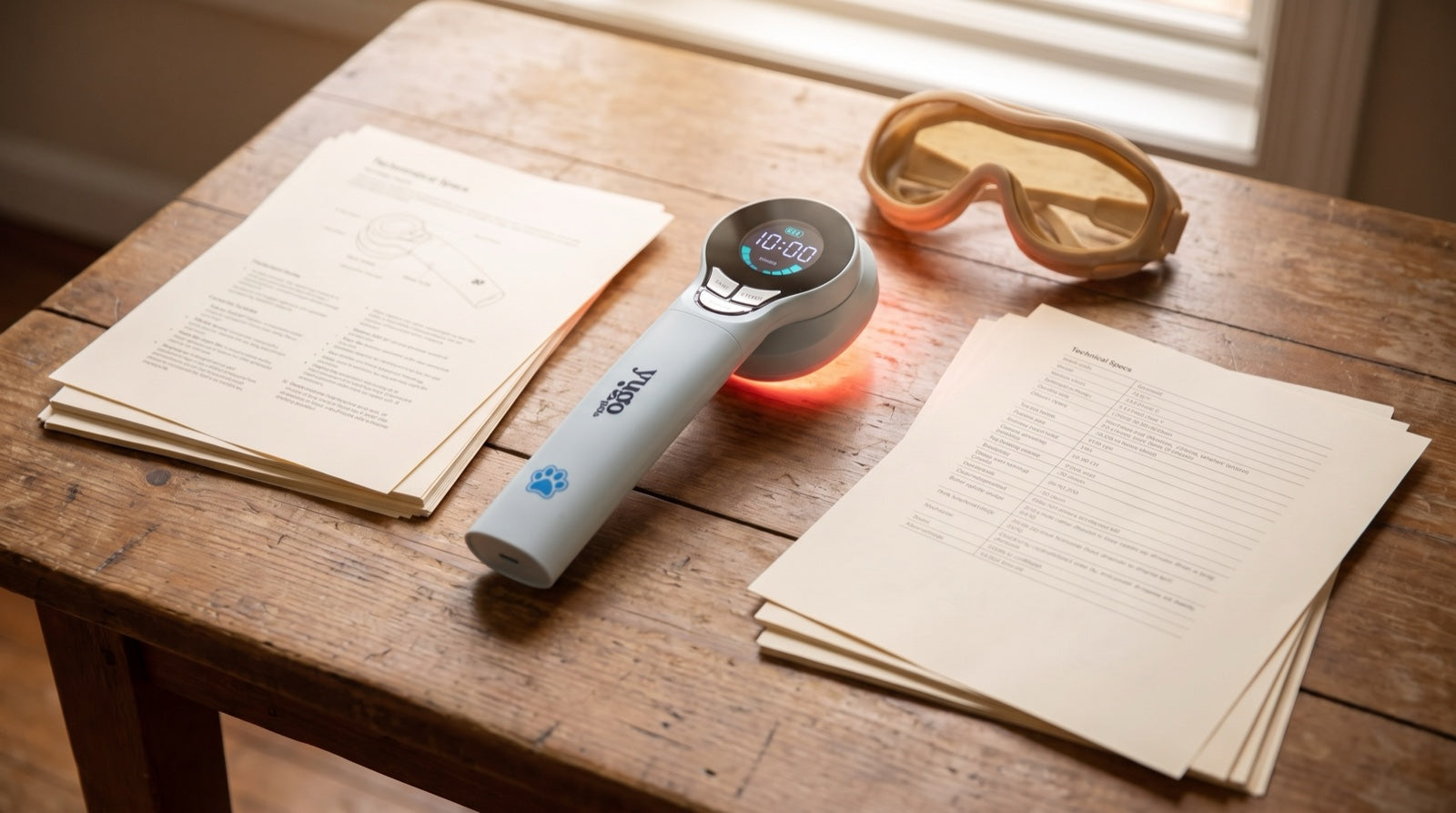 Side-by-side spec sheets and safety goggles laid out for a Domer Laser vs B-Cure home comparison