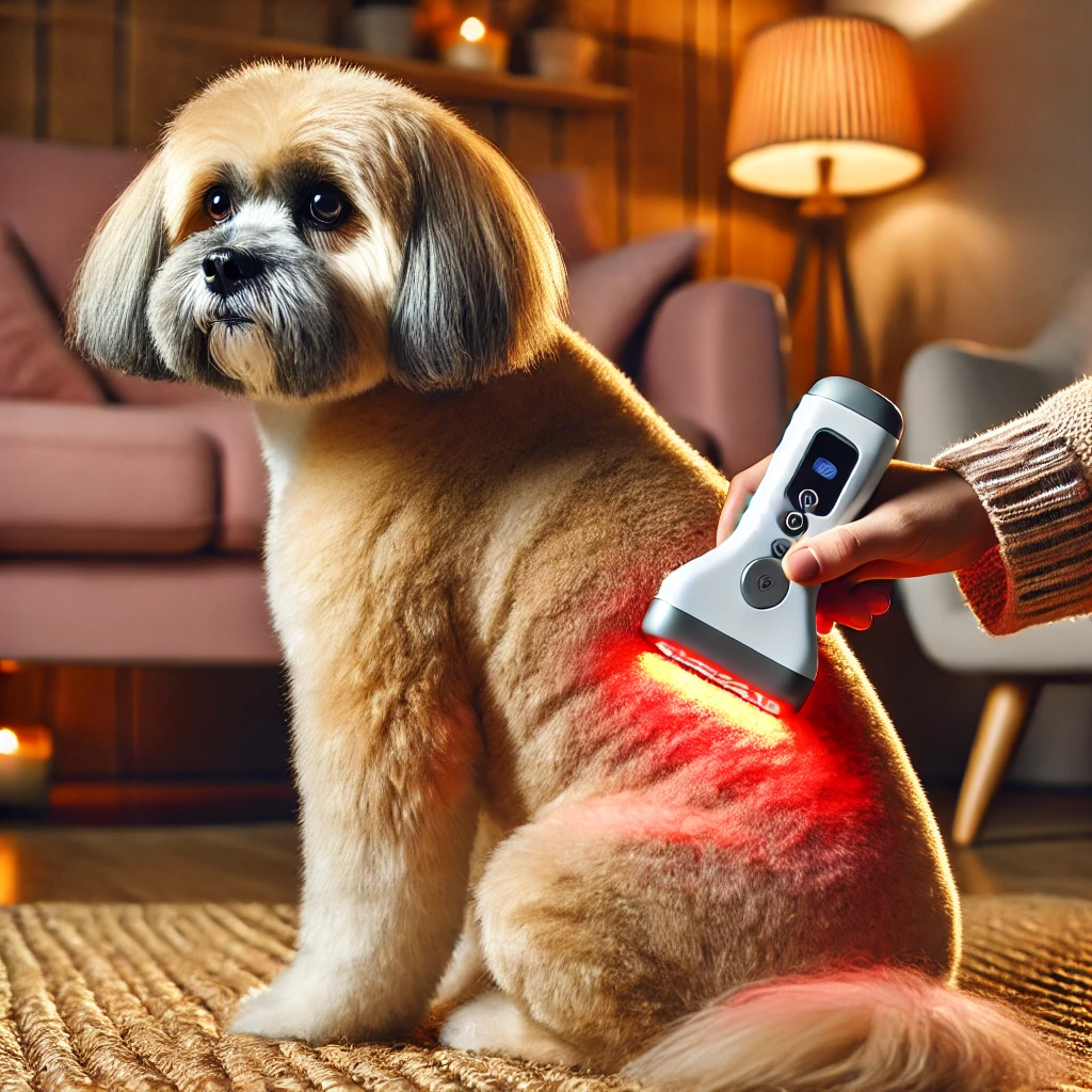 Pet owner using the Yugo Red Light Therapy Device on a dog’s inflamed hotspot in a cozy home setting, showcasing safe and effective at-home treatment for pet skin conditions.