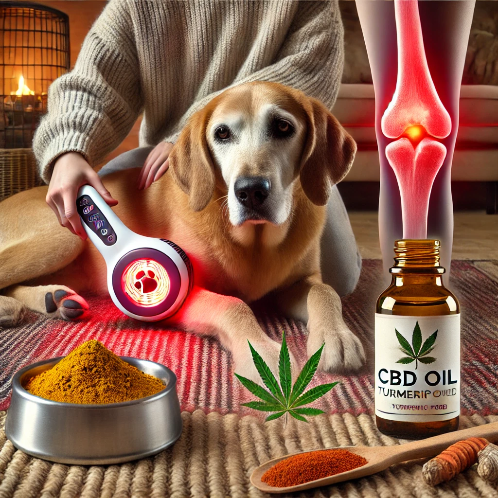 Pet owner using the Yugo Red Light Therapy Device on a dog’s hip for pain relief, alongside visuals of a heat compress and natural remedies like CBD oil and turmeric, showcasing holistic at-home care for pets.