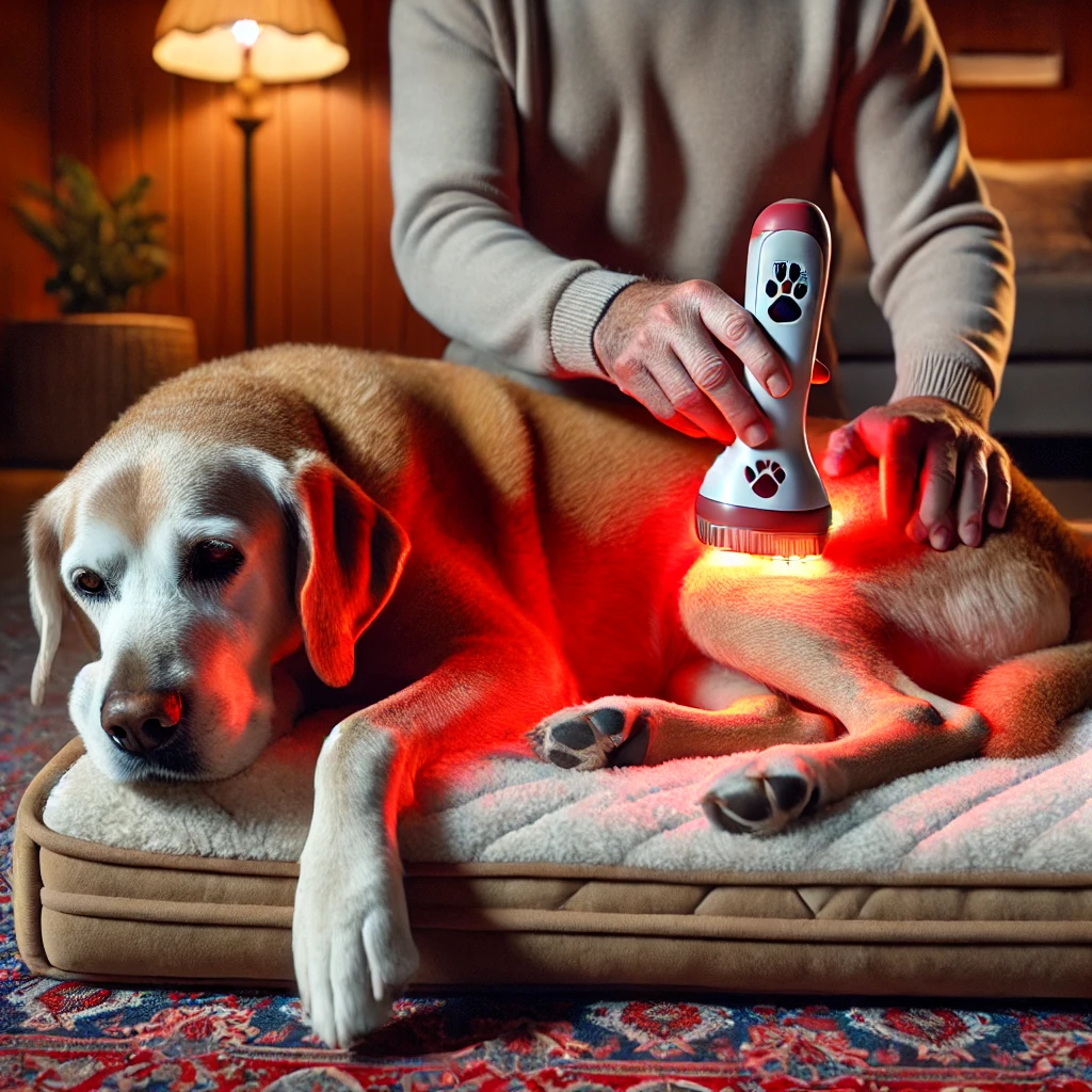 An older dog lying on a soft orthopedic bed receiving red light therapy on its hip using the Yugo Red Light Therapy Device. Safe and effective arthritis pain relief for pets.