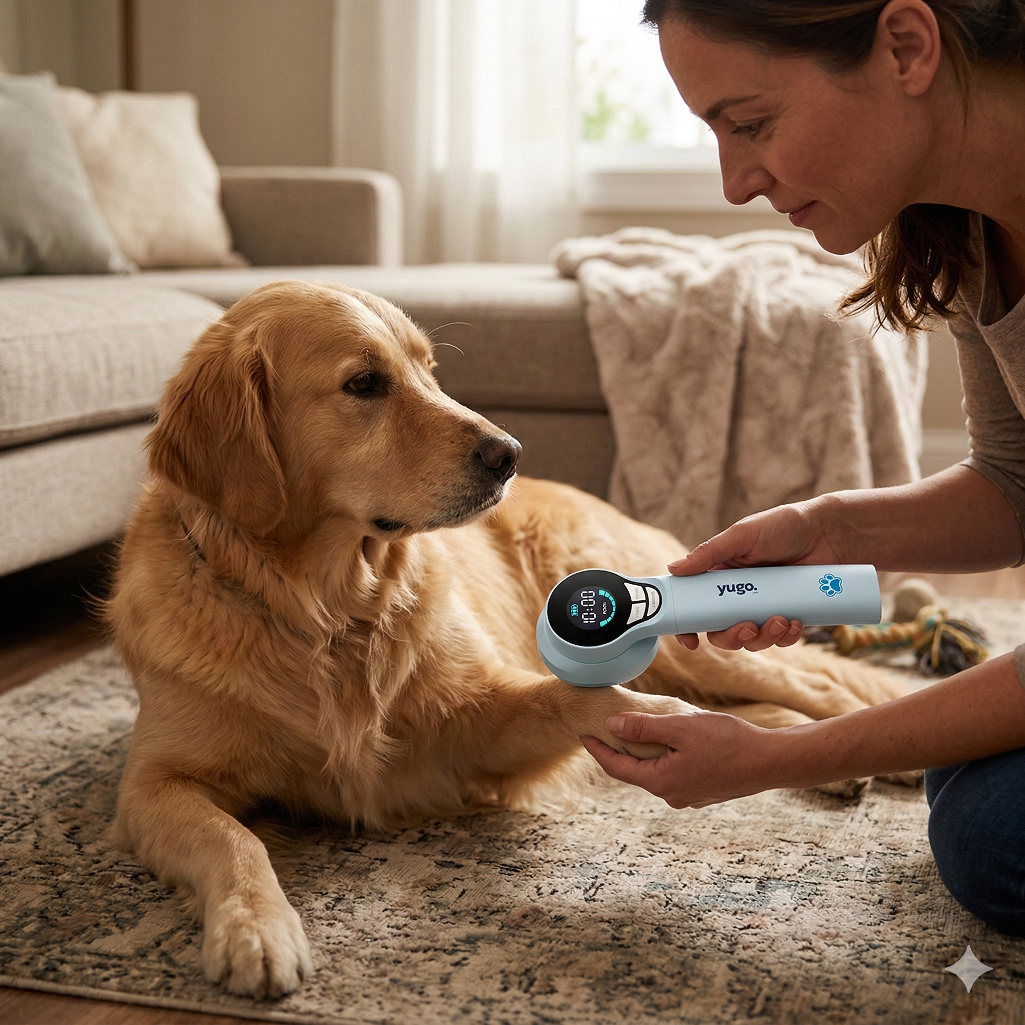 Dog with a subtle limp being examined by a caring pet owner at home